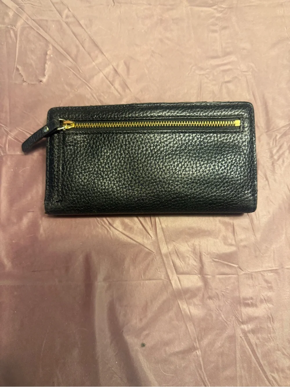 kate spade Black Pebbled Leather Bi Fold Snap Wallet with Gold Logo